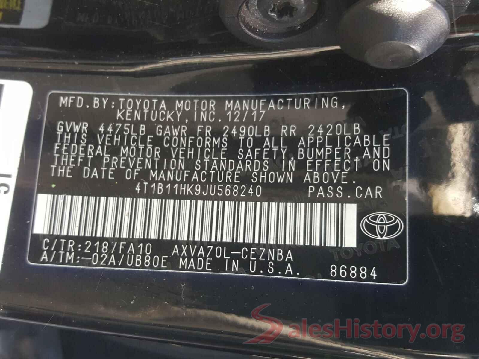 4T1B11HK9JU568240 2018 TOYOTA CAMRY