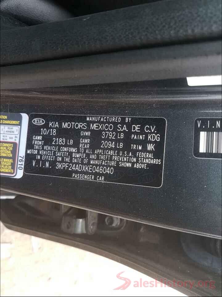 3KPF24ADXKE046040 2019 KIA FORTE