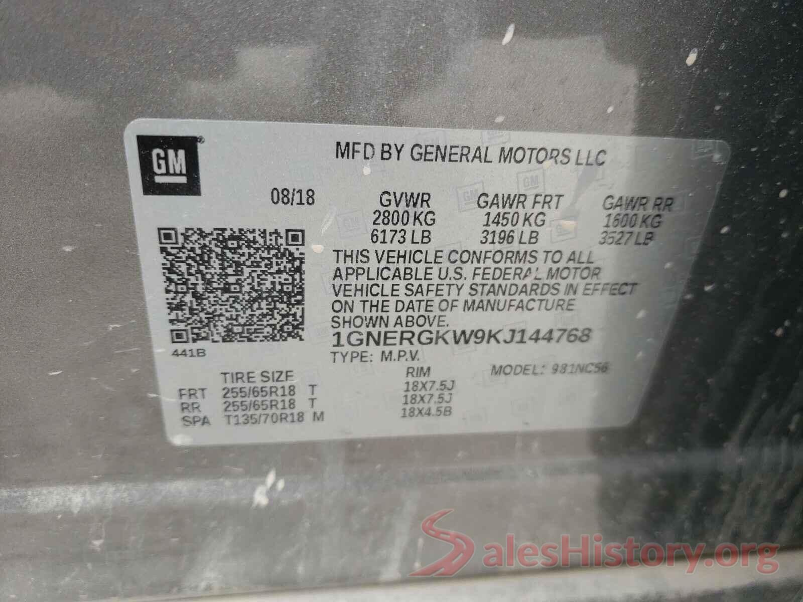 1GNERGKW9KJ144768 2019 CHEVROLET TRAVERSE