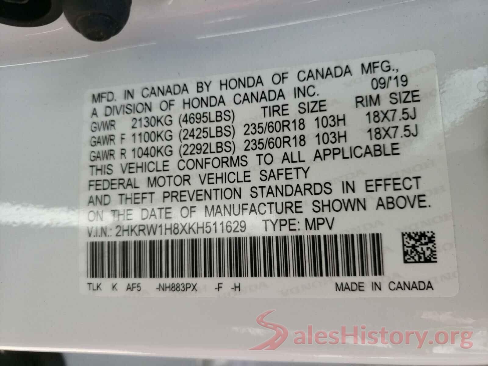 2HKRW1H8XKH511629 2019 HONDA CRV