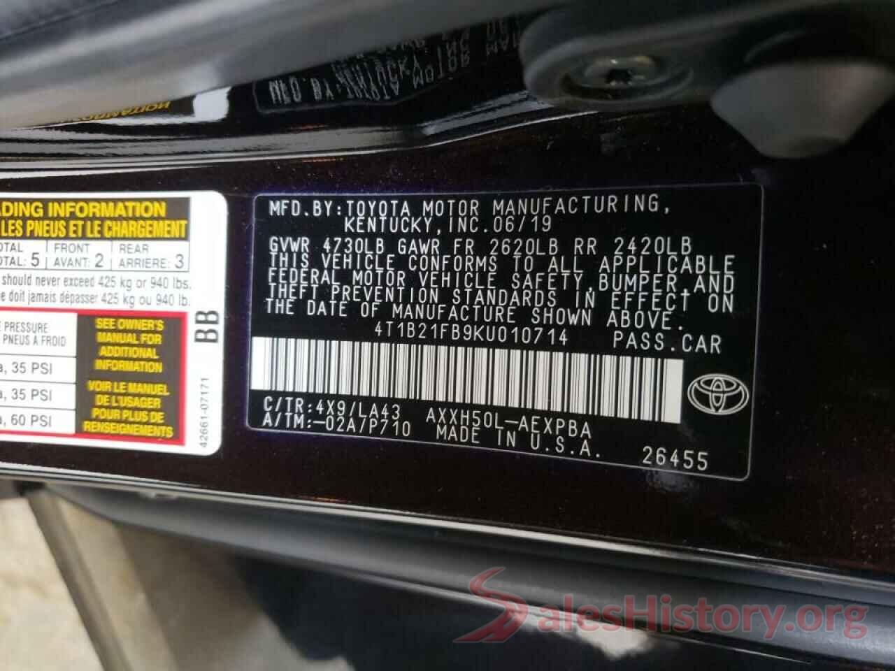 4T1B21FB9KU010714 2019 TOYOTA AVALON