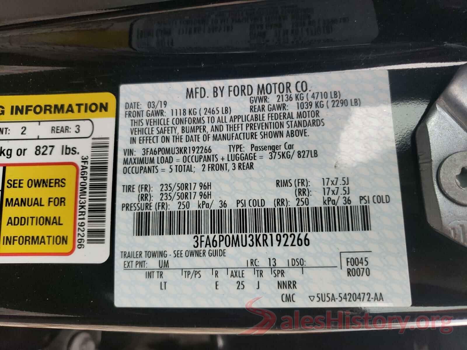 3FA6P0MU3KR192266 2019 FORD FUSION