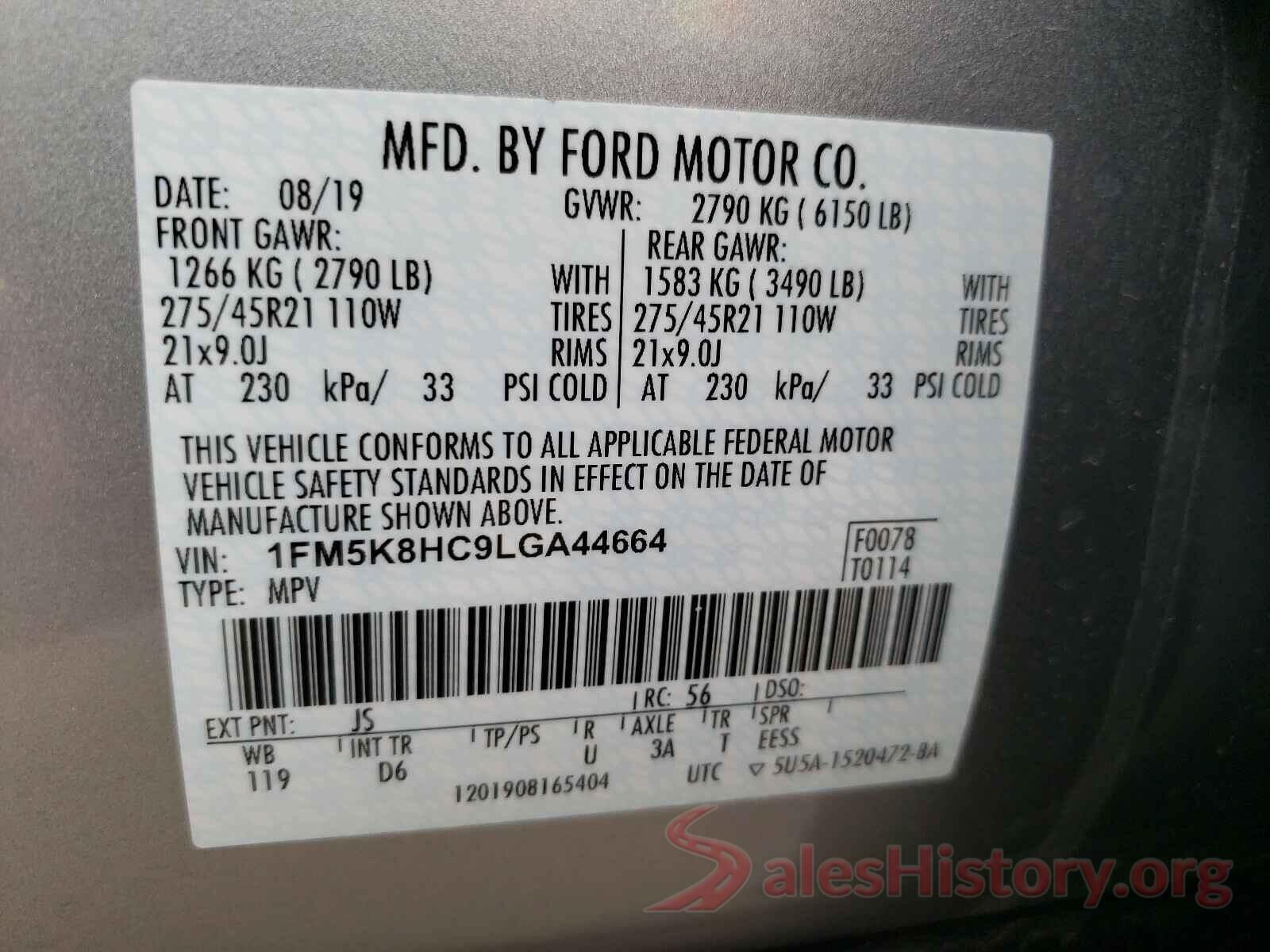 1FM5K8HC9LGA44664 2020 FORD EXPLORER