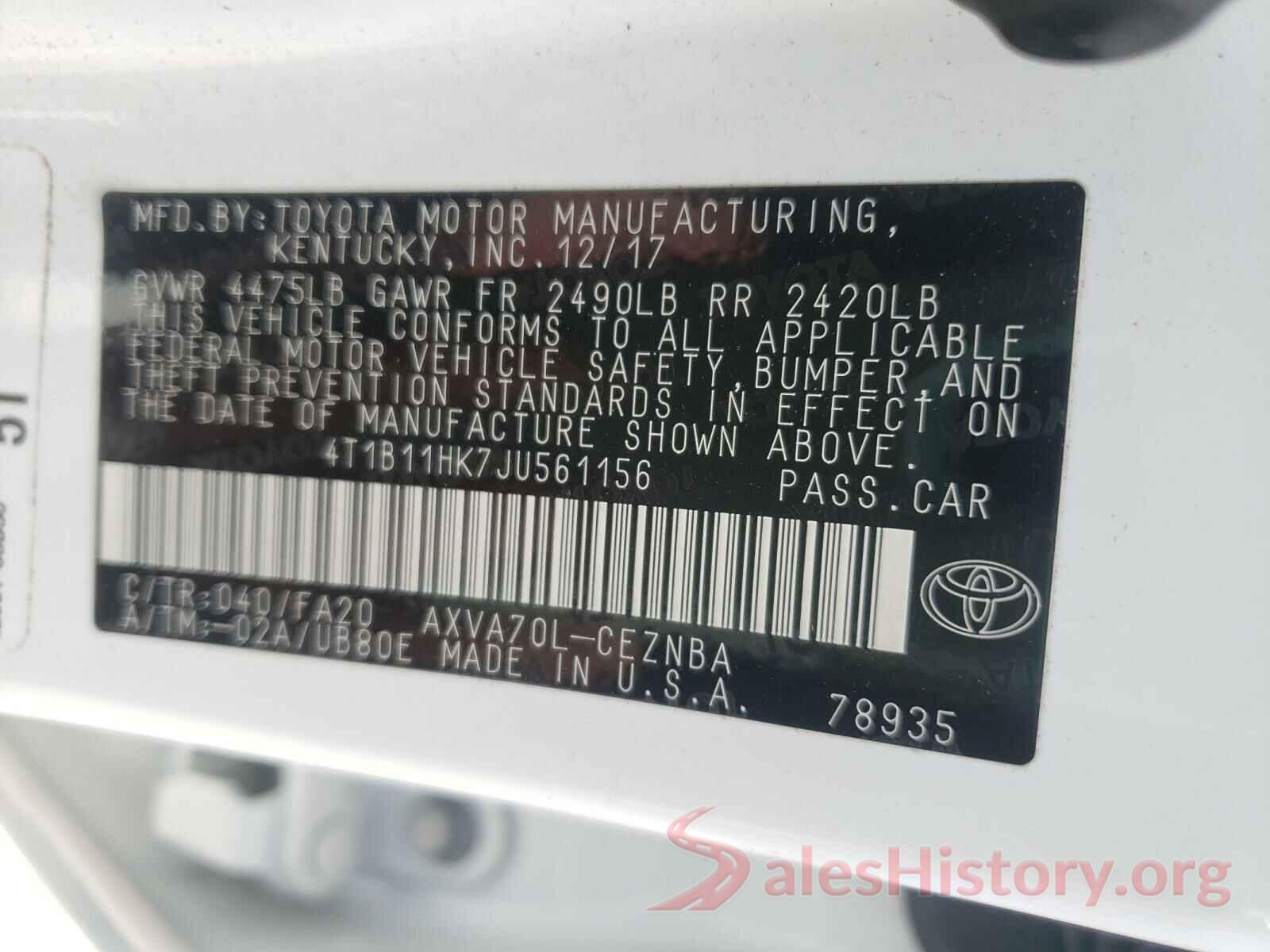 4T1B11HK7JU561156 2018 TOYOTA CAMRY