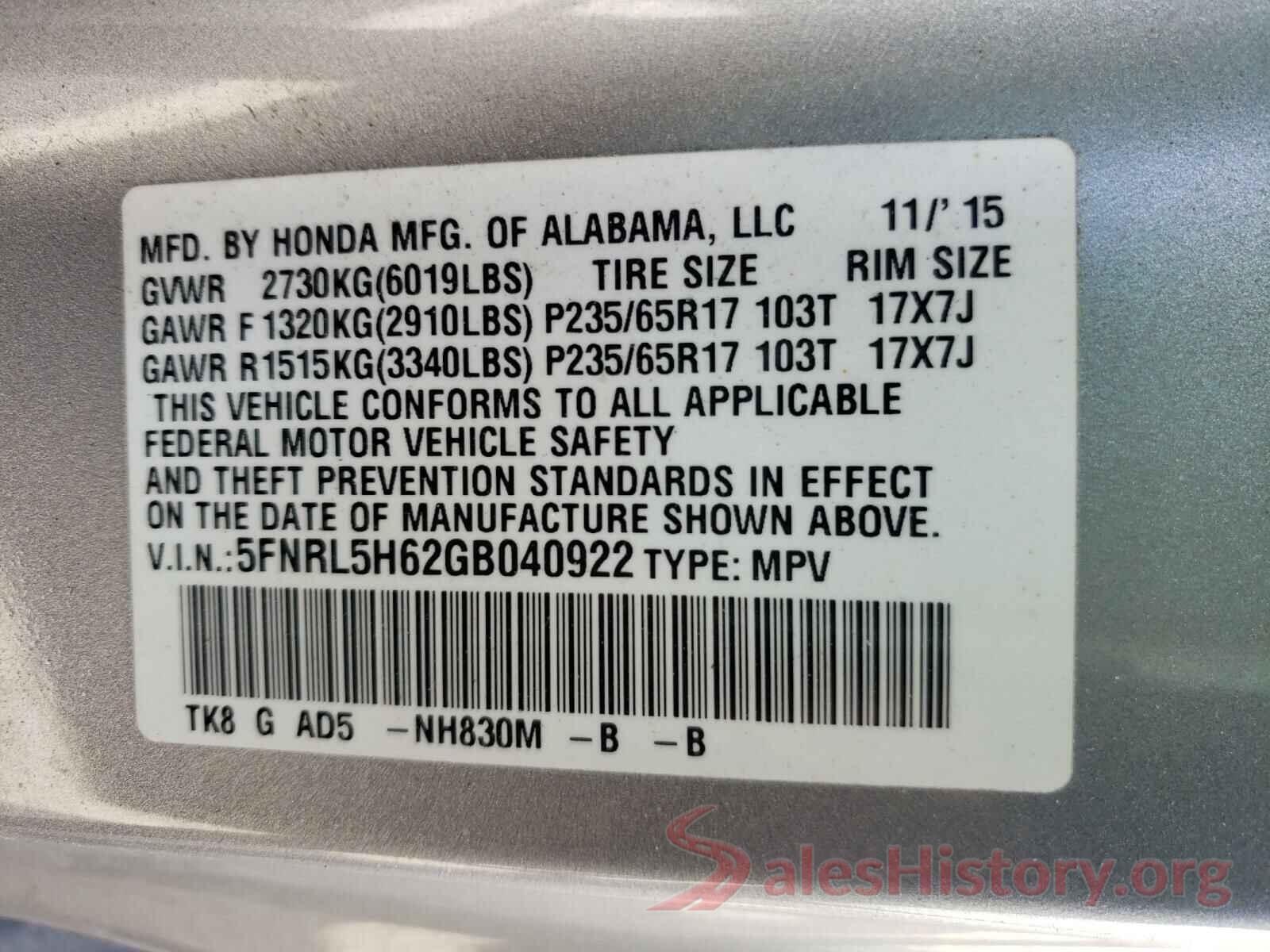 5FNRL5H62GB040922 2016 HONDA ODYSSEY