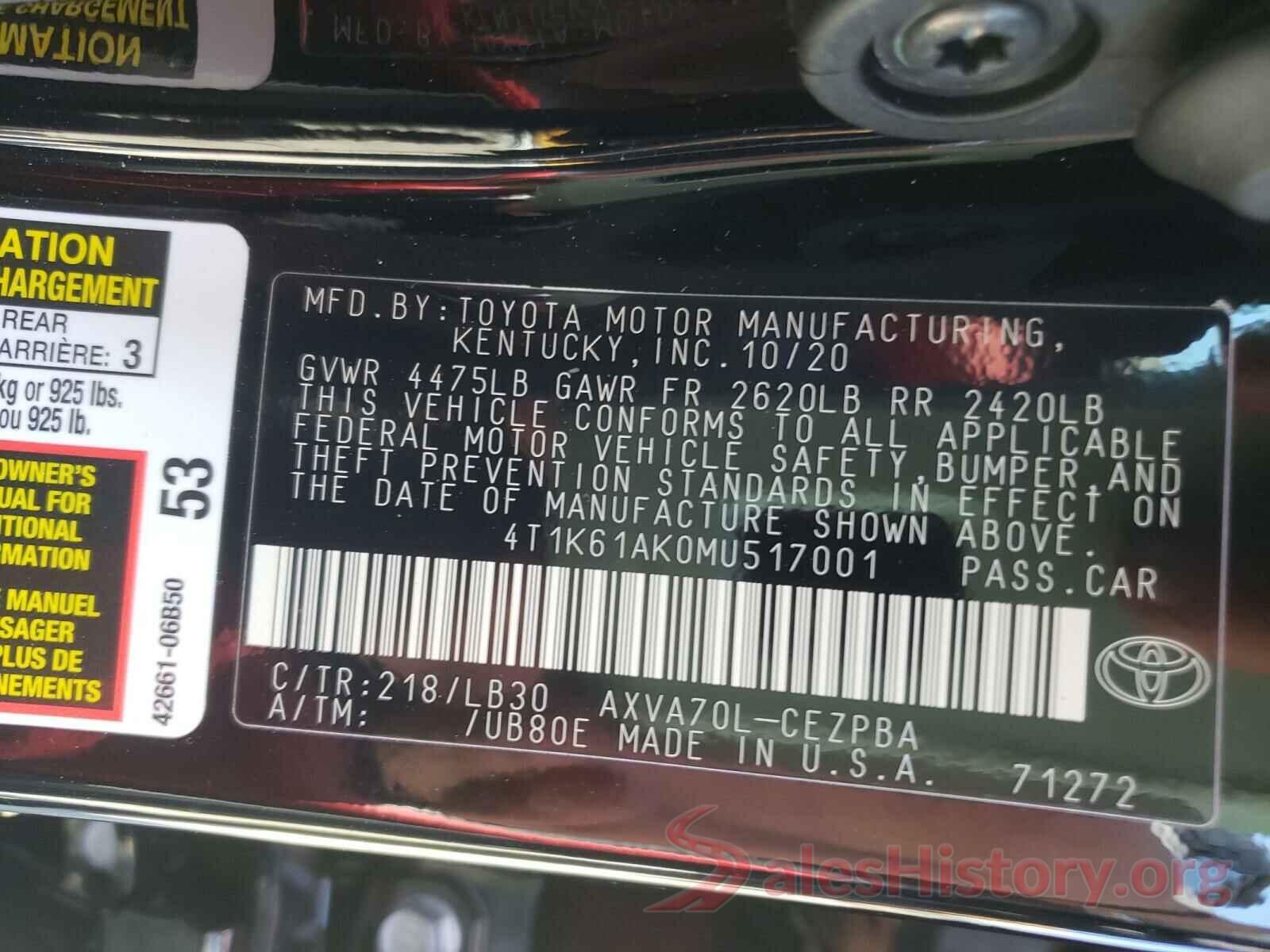 4T1K61AK0MU517001 2021 TOYOTA CAMRY