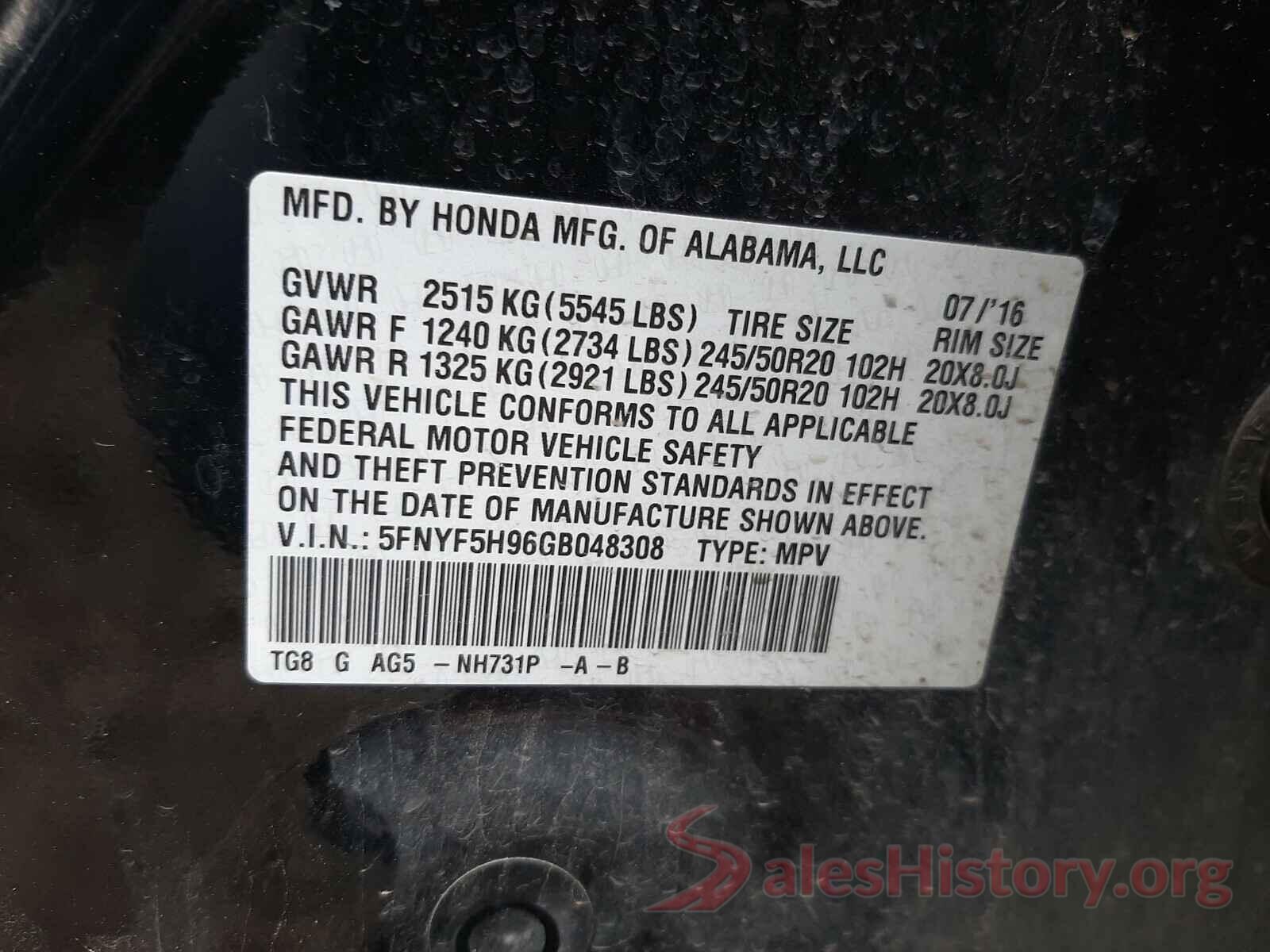 5FNYF5H96GB048308 2016 HONDA PILOT