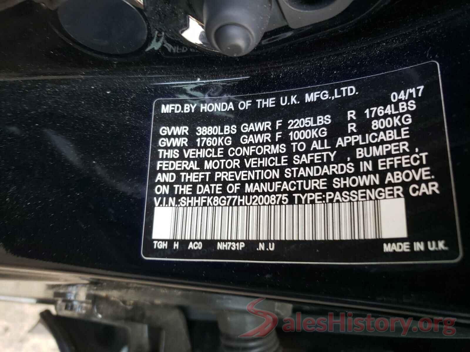 SHHFK8G77HU200875 2017 HONDA CIVIC