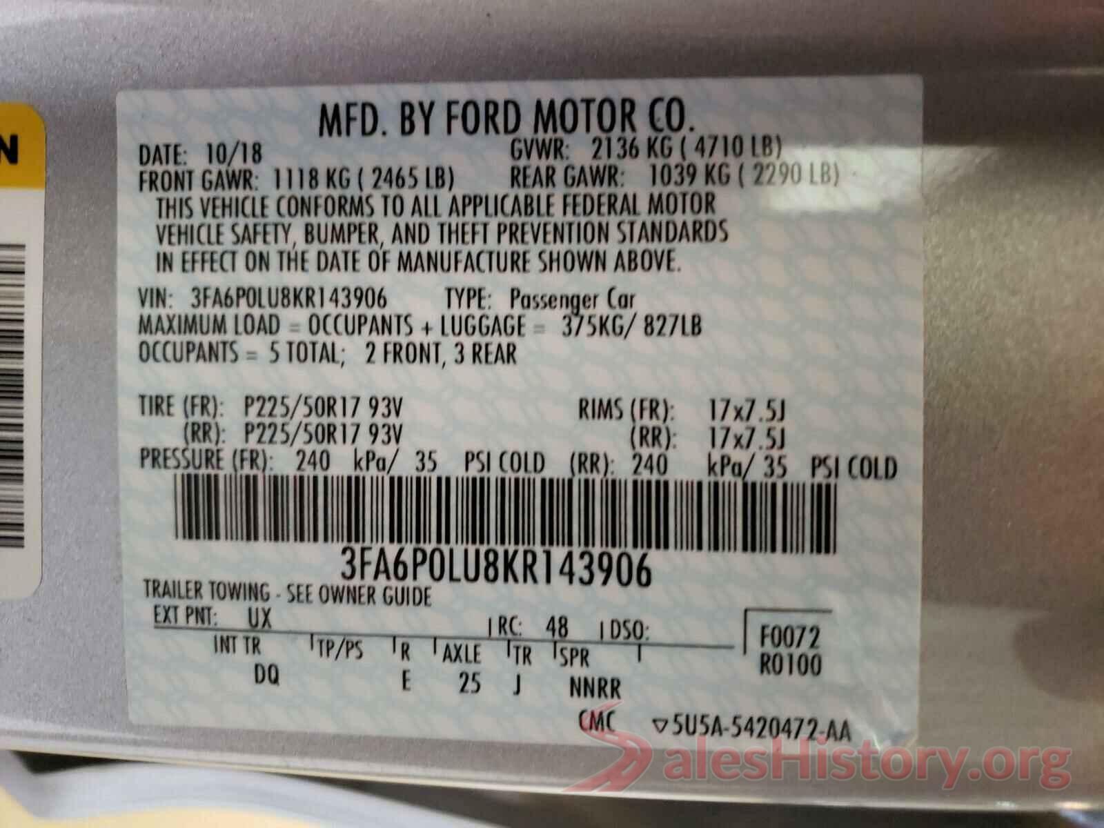 3FA6P0LU8KR143906 2019 FORD FUSION