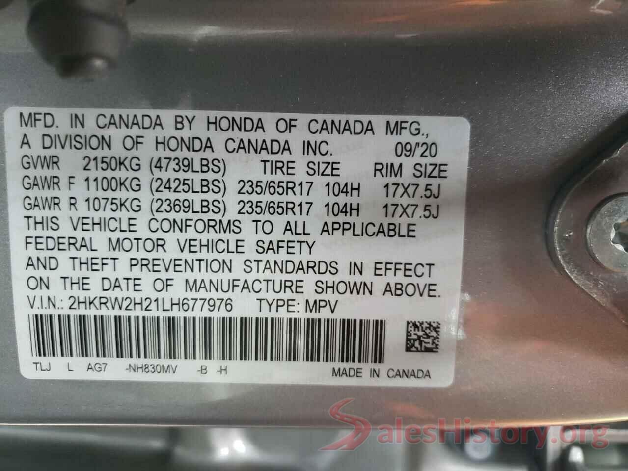 2HKRW2H21LH677976 2020 HONDA CRV