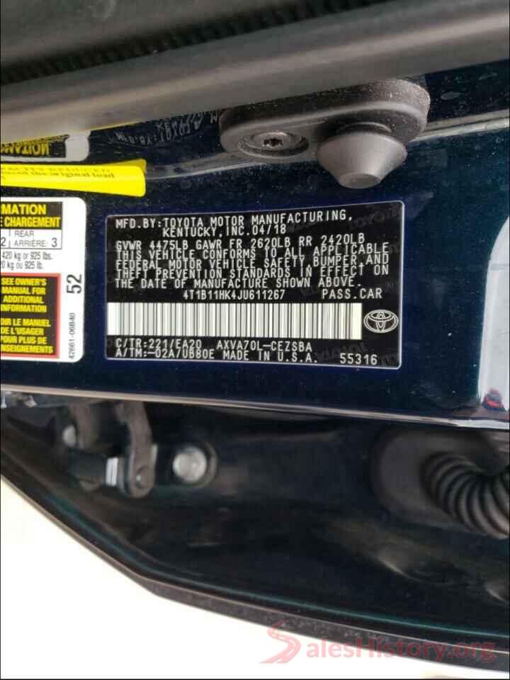 4T1B11HK4JU611267 2018 TOYOTA CAMRY