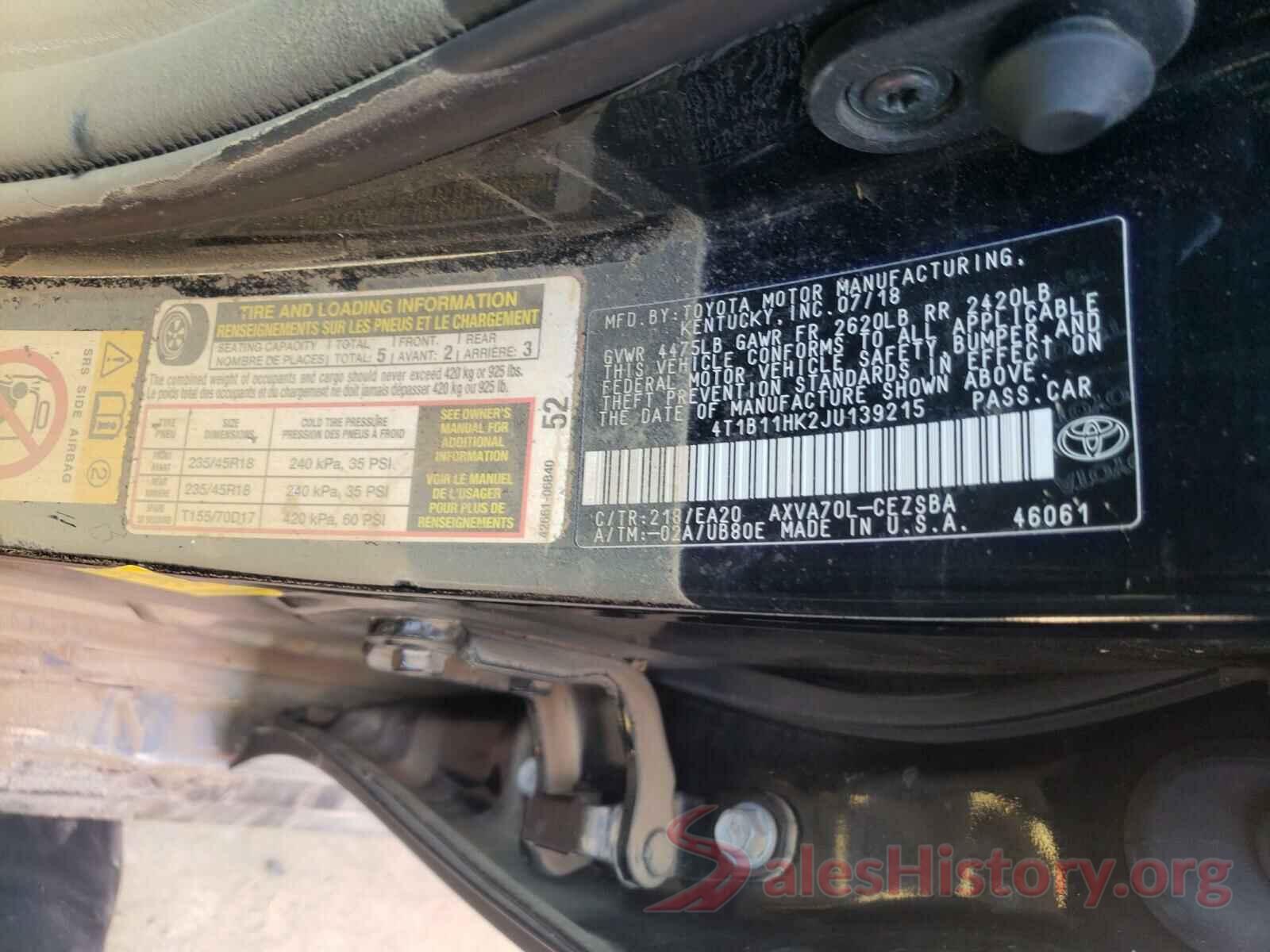 4T1B11HK2JU139215 2018 TOYOTA CAMRY