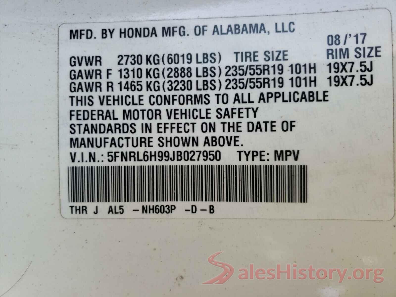 5FNRL6H99JB027950 2018 HONDA ODYSSEY