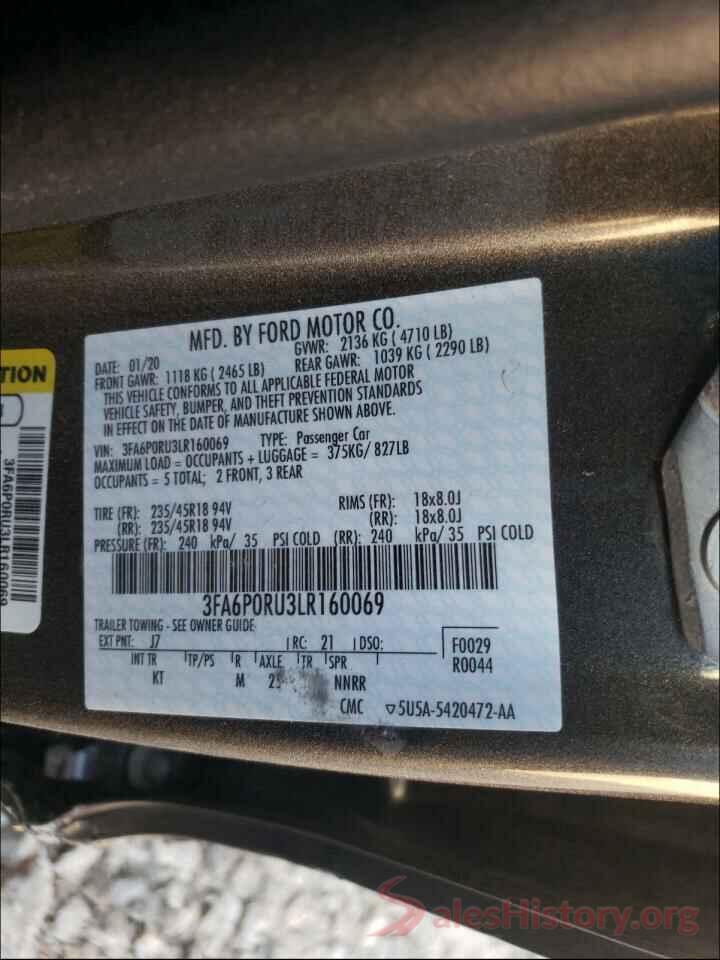 3FA6P0RU3LR160069 2020 FORD FUSION