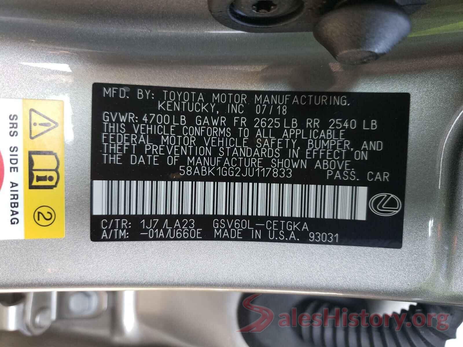 58ABK1GG2JU117833 2018 LEXUS ES350