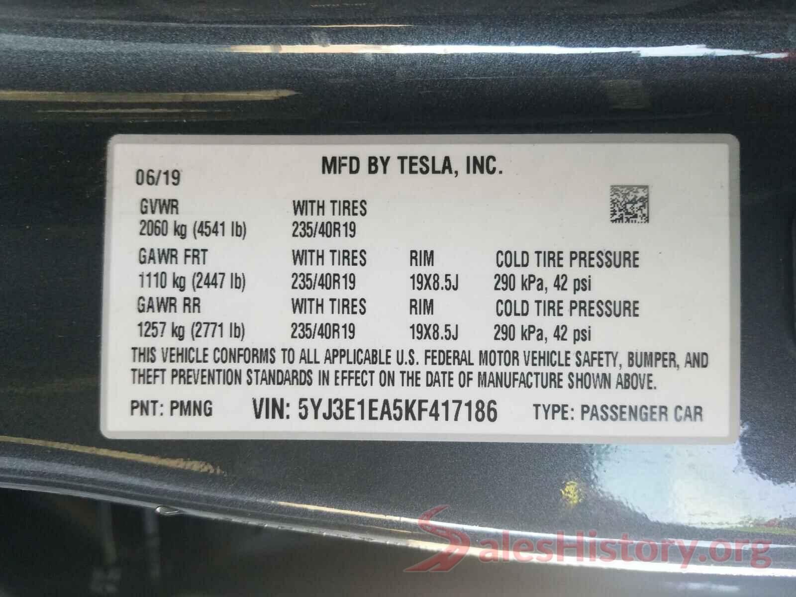 5YJ3E1EA5KF417186 2019 TESLA MODEL 3