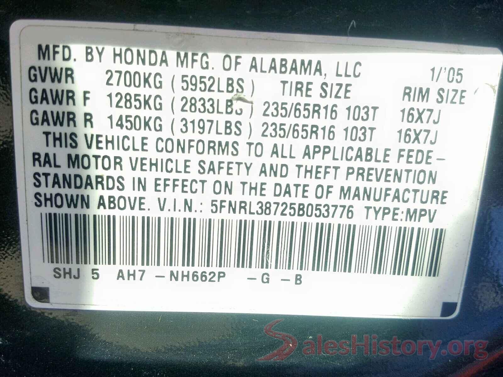 5FNRL38725B053776 2005 HONDA ODYSSEY EX