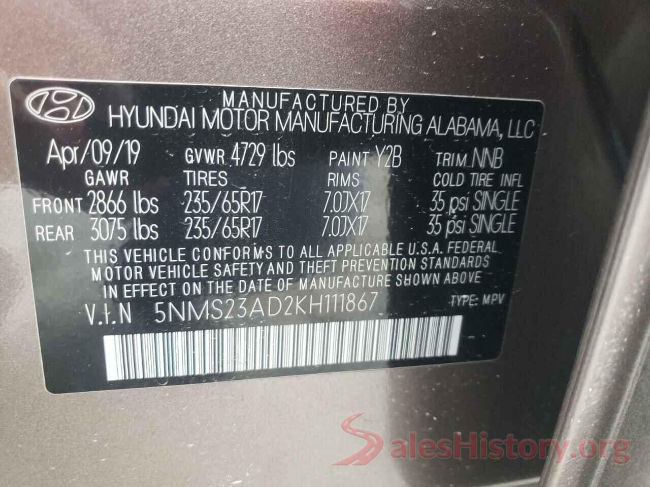 5NMS23AD2KH111867 2019 HYUNDAI SANTA FE