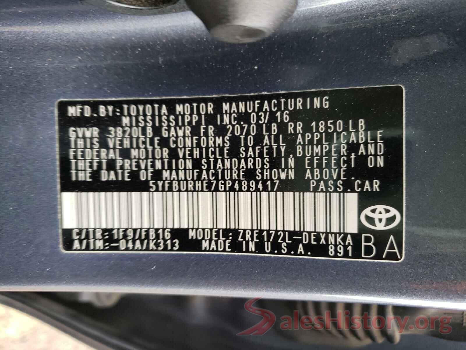 5YFBURHE7GP489417 2016 TOYOTA COROLLA