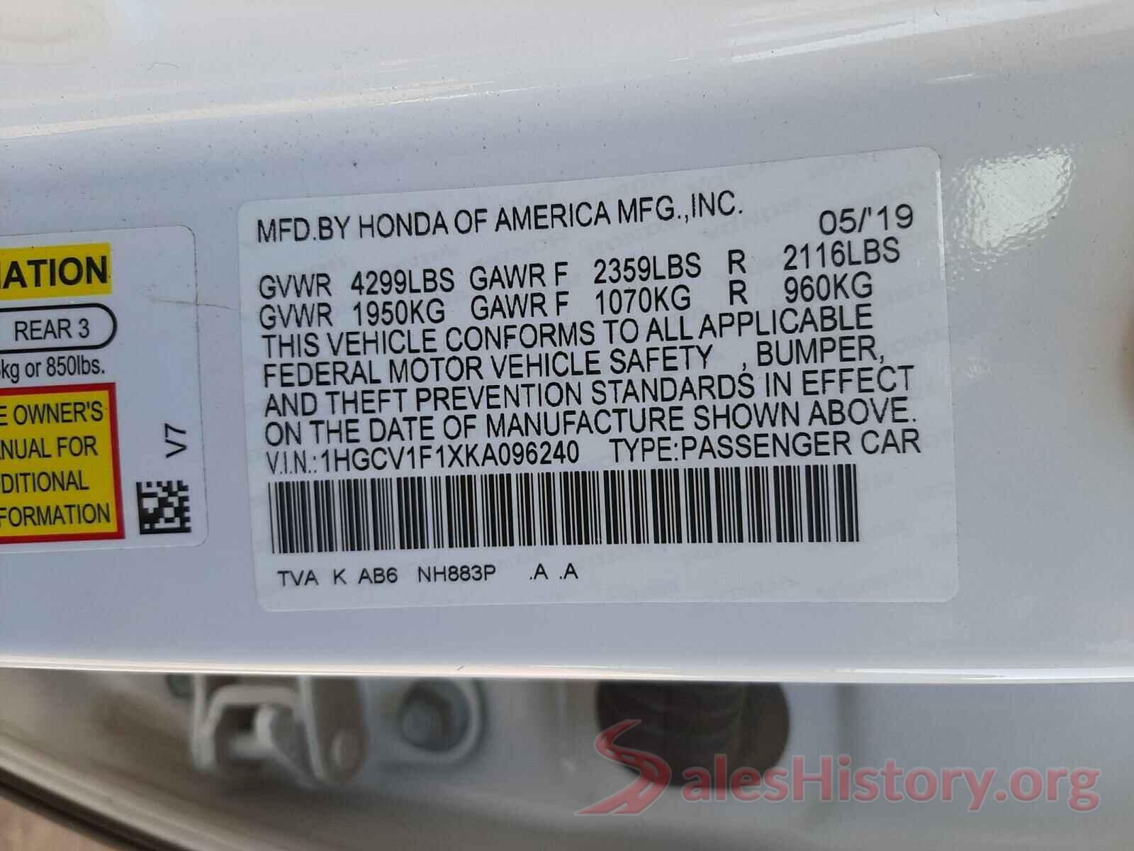 1HGCV1F1XKA096240 2019 HONDA ACCORD