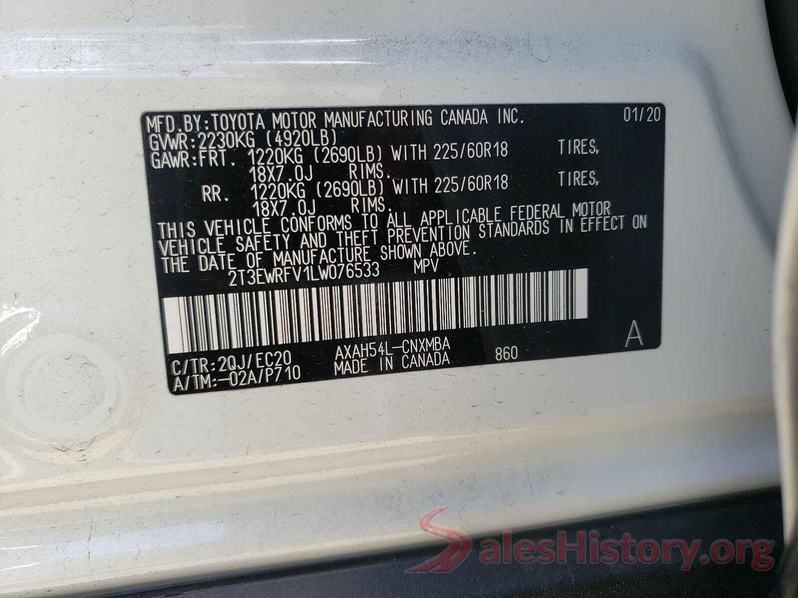 2T3EWRFV1LW076533 2020 TOYOTA RAV4