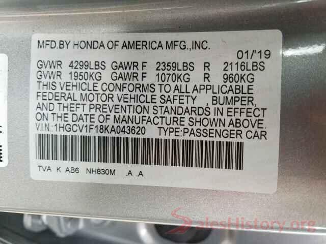 1HGCV1F18KA043620 2019 HONDA ACCORD