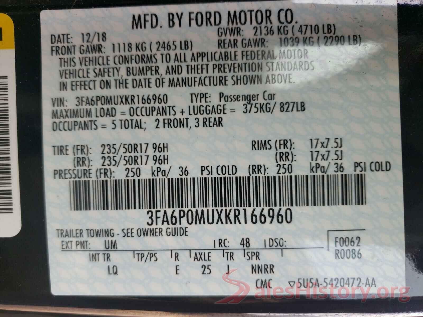 3FA6P0MUXKR166960 2019 FORD FUSION