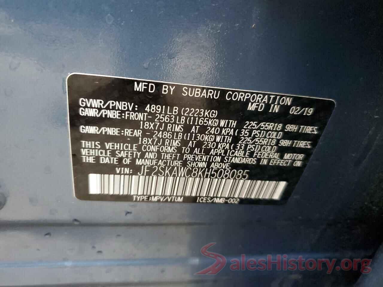 JF2SKAWC8KH508085 2019 SUBARU FORESTER