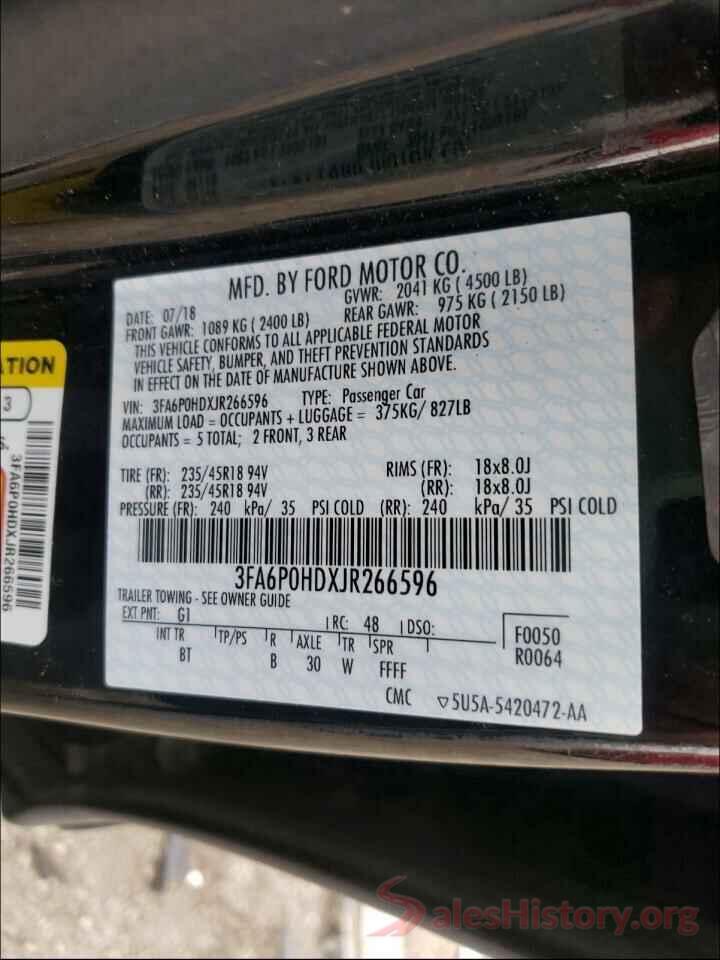 3FA6P0HDXJR266596 2018 FORD FUSION