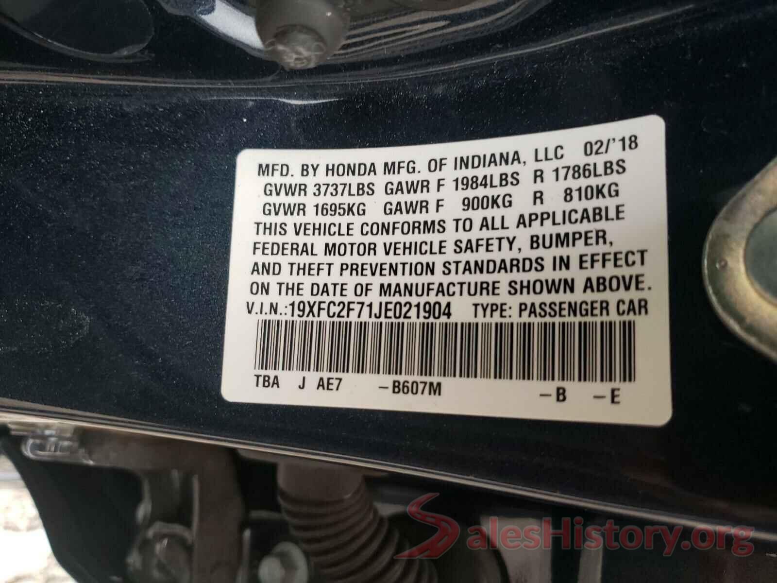 19XFC2F71JE021904 2018 HONDA CIVIC