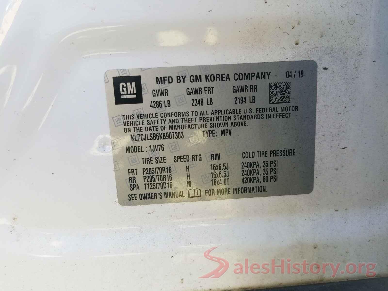 KL7CJLSB6KB907303 2019 CHEVROLET TRAX