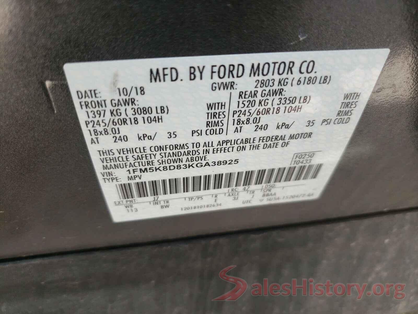 1FM5K8D83KGA38925 2019 FORD EXPLORER