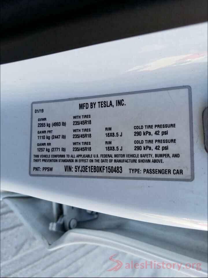 5YJ3E1EB0KF150483 2019 TESLA MODEL 3