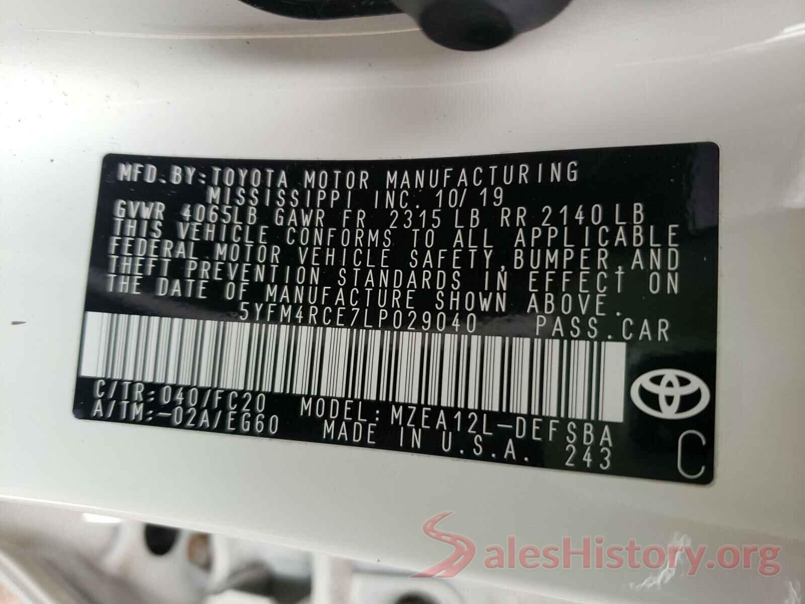 5YFM4RCE7LP029040 2020 TOYOTA COROLLA