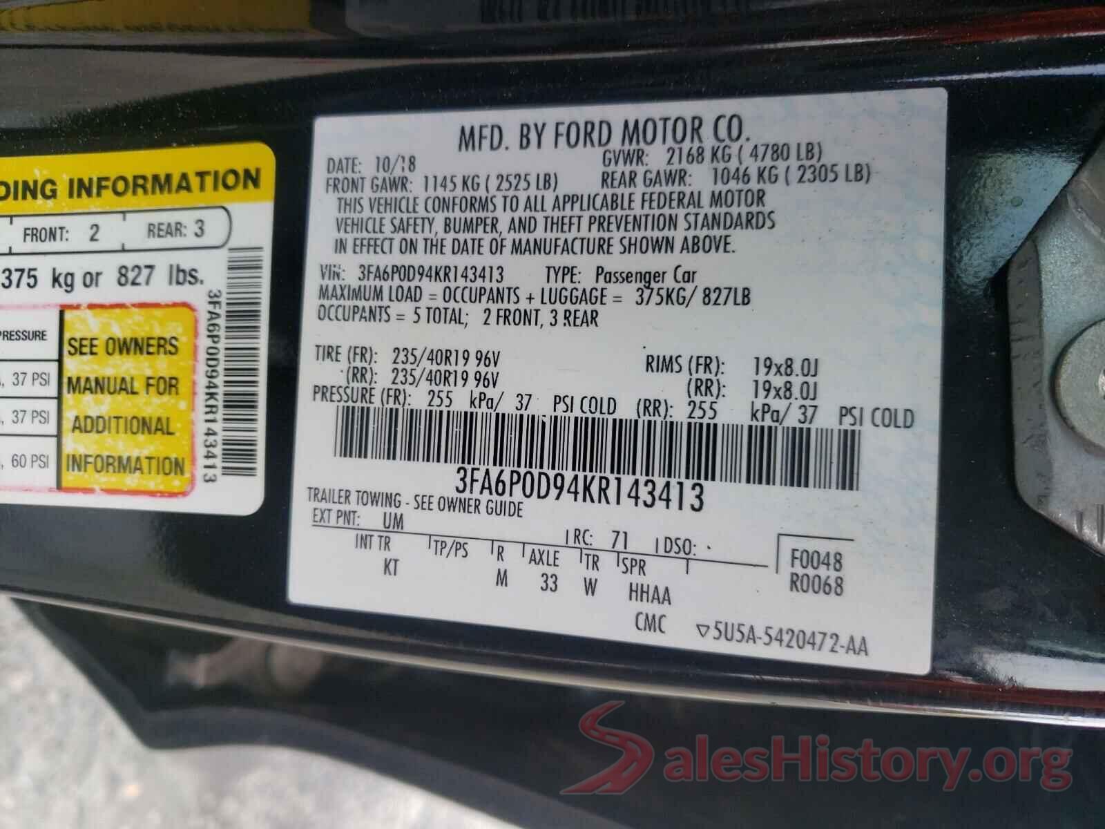 3FA6P0D94KR143413 2019 FORD FUSION