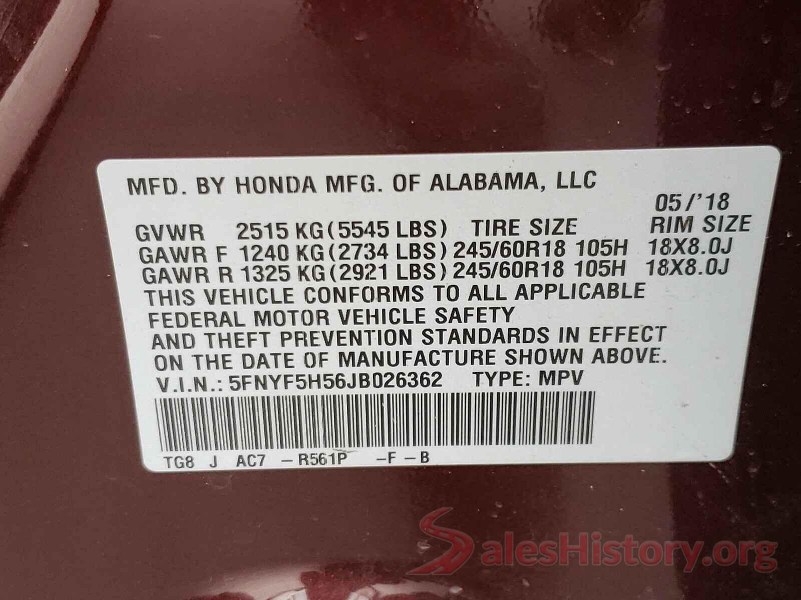 5FNYF5H56JB026362 2018 HONDA PILOT