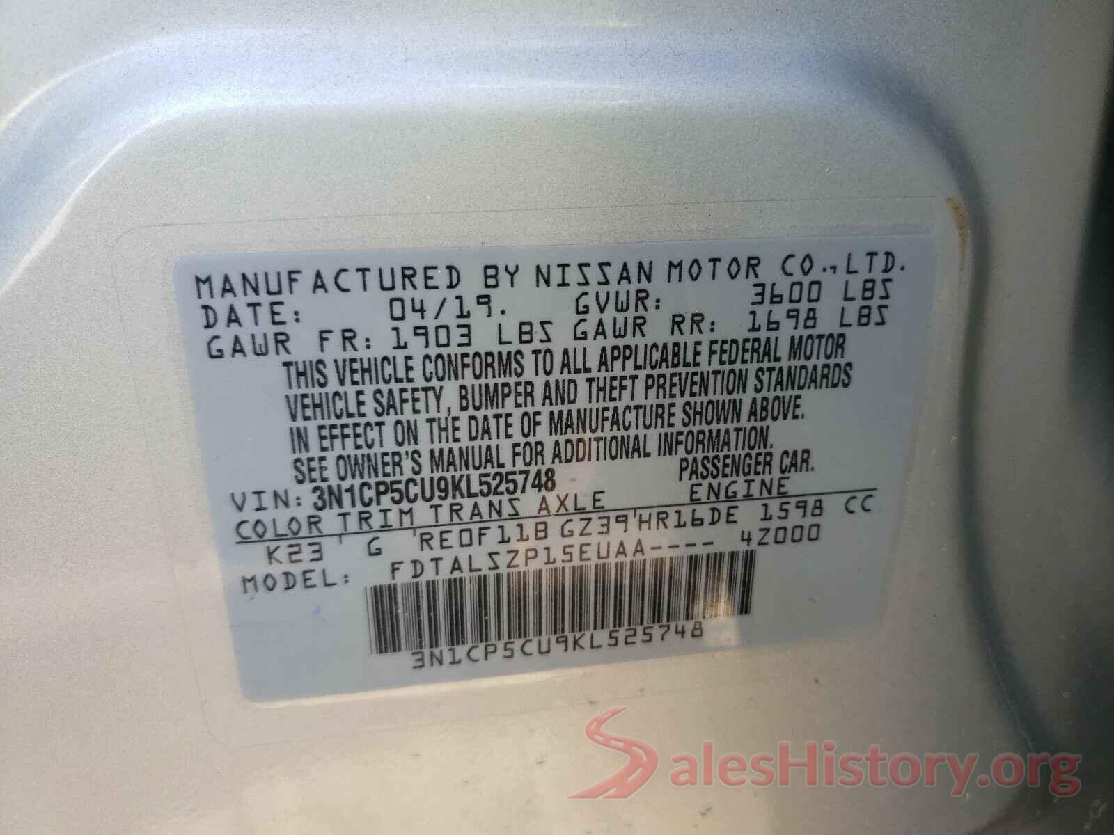 3N1CP5CU9KL525748 2019 NISSAN KICKS