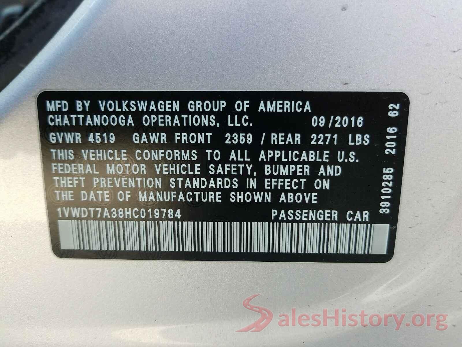 1VWDT7A38HC019784 2017 VOLKSWAGEN PASSAT