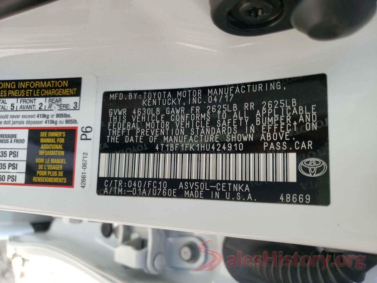 4T1BF1FK1HU424910 2017 TOYOTA CAMRY