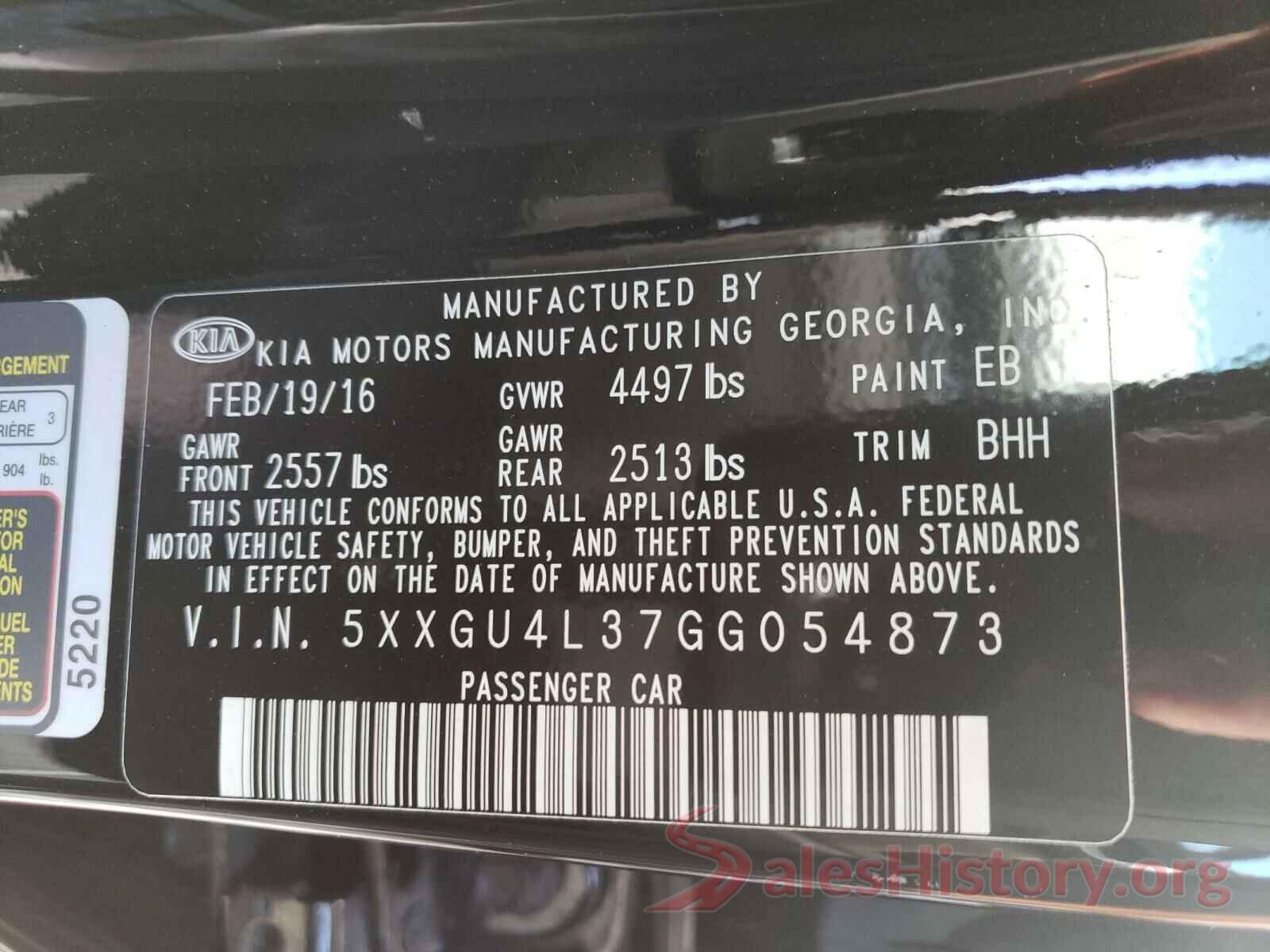 5XXGU4L37GG054873 2016 KIA OPTIMA