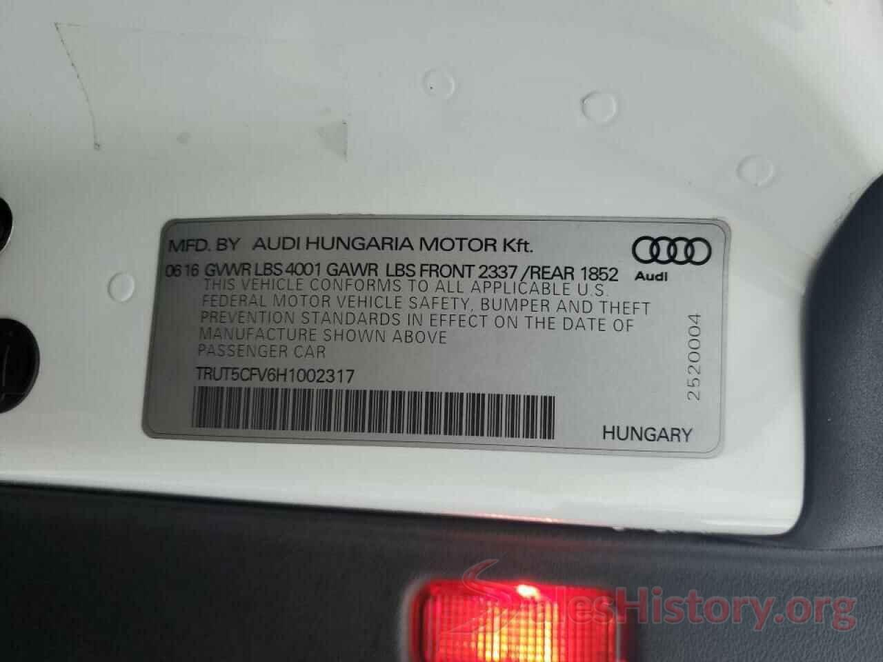 TRUT5CFV6H1002317 2017 AUDI TT