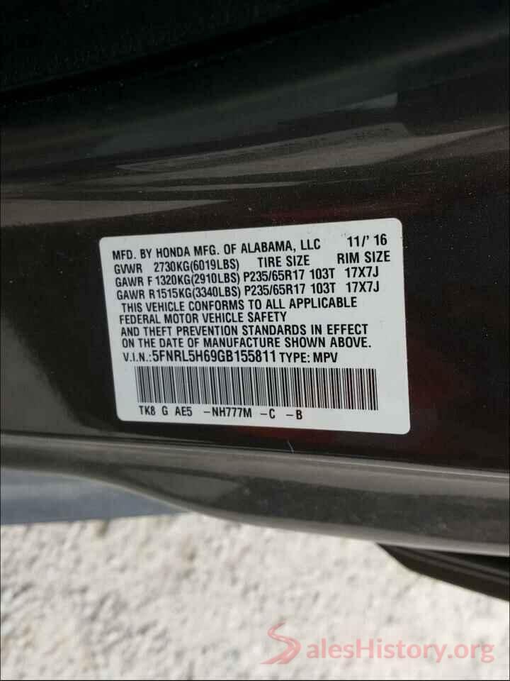 5FNRL5H69GB155811 2016 HONDA ODYSSEY