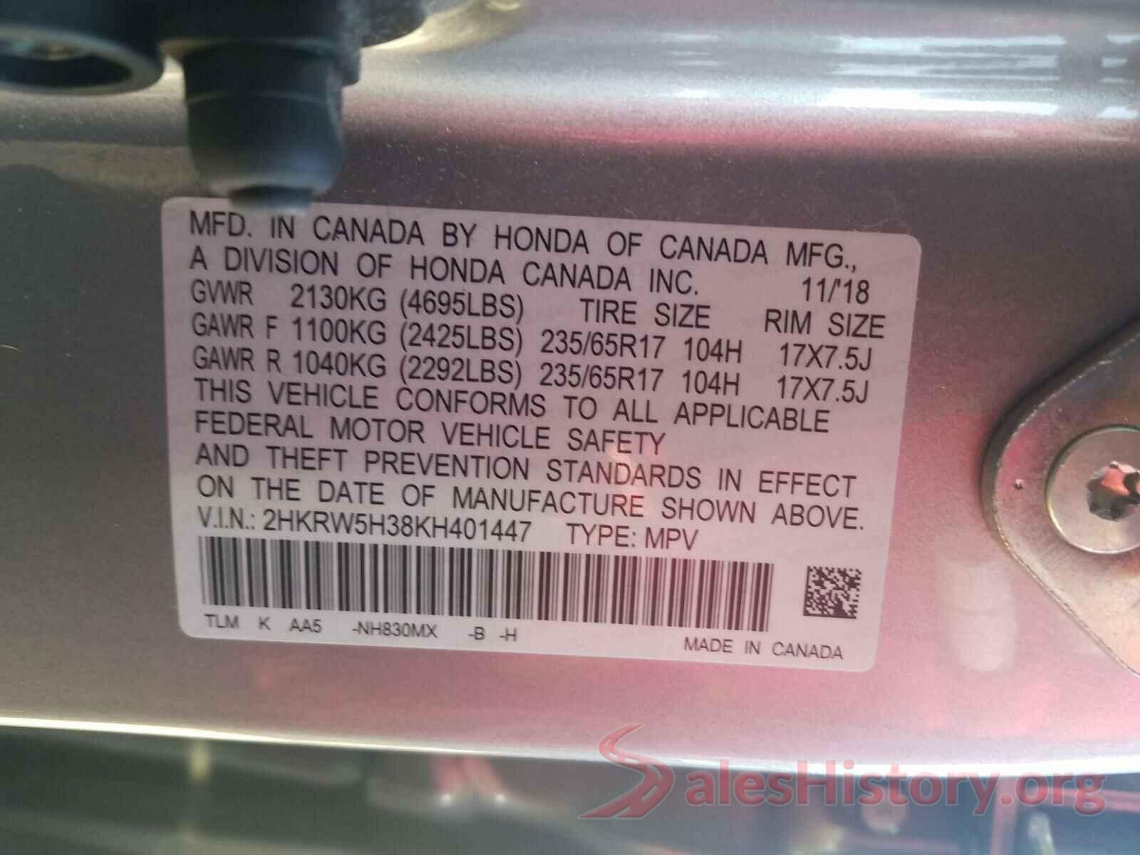 2HKRW5H38KH401447 2019 HONDA CRV