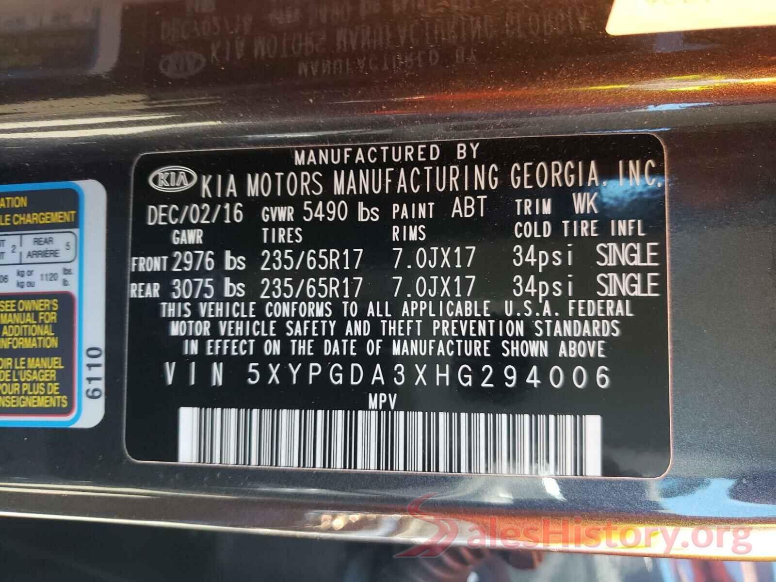 5XYPGDA3XHG294006 2017 KIA SORENTO