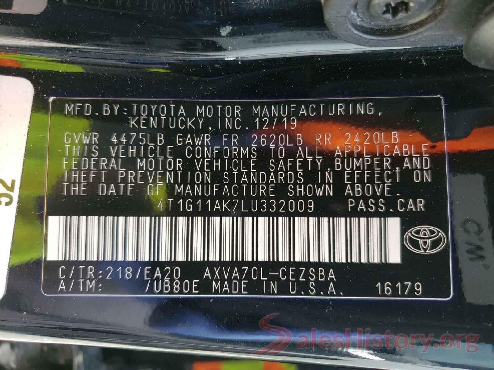 4T1G11AK7LU332009 2020 TOYOTA CAMRY