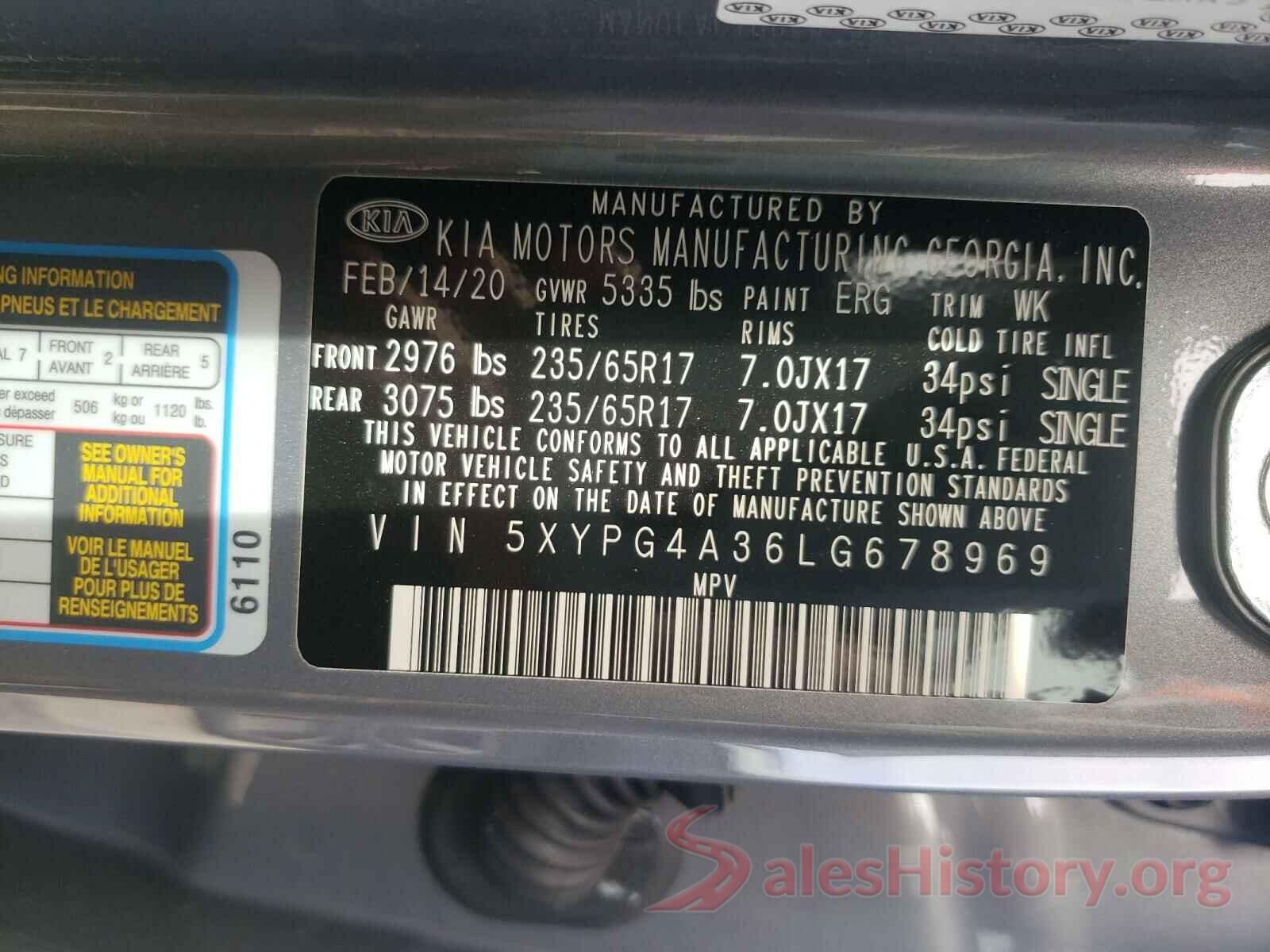 5XYPG4A36LG678969 2020 KIA SORENTO