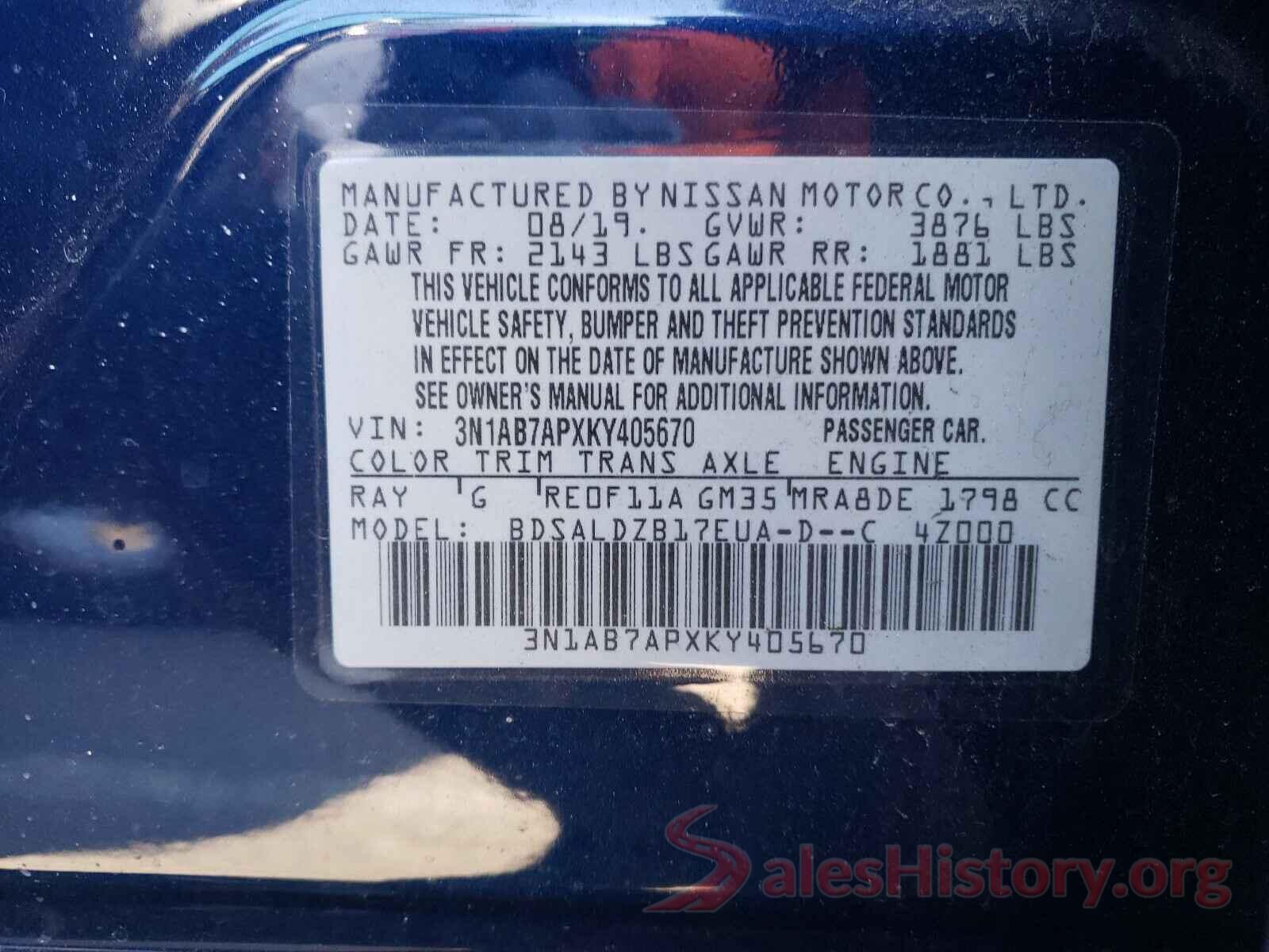 3N1AB7APXKY405670 2019 NISSAN SENTRA