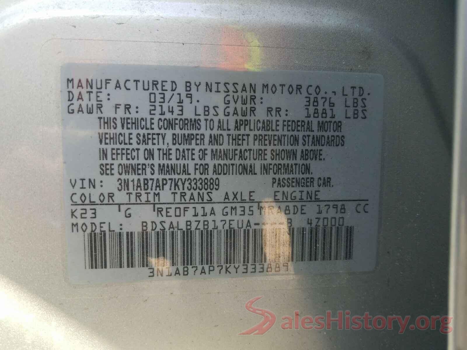 3N1AB7AP7KY333889 2019 NISSAN SENTRA