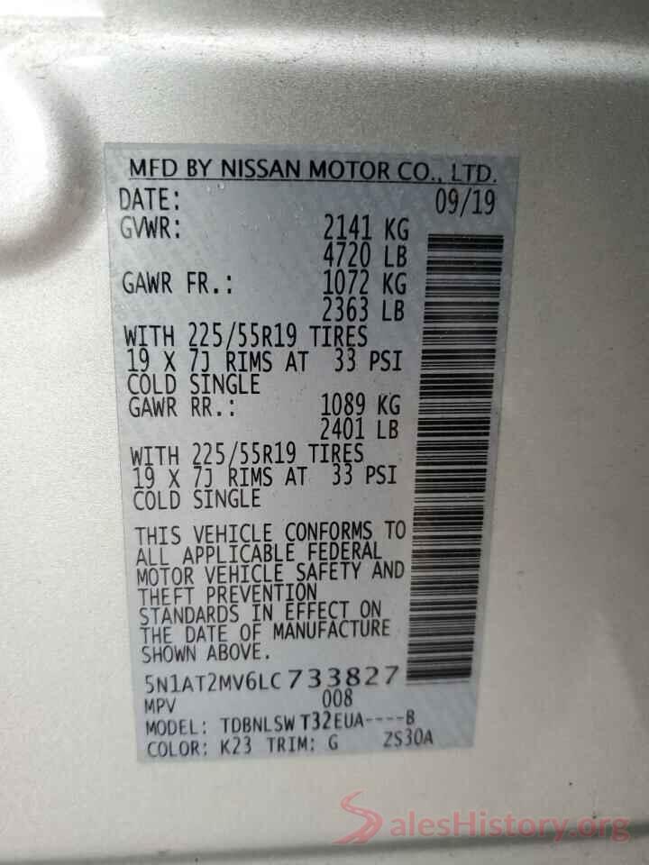 5N1AT2MV6LC733827 2020 NISSAN ROGUE