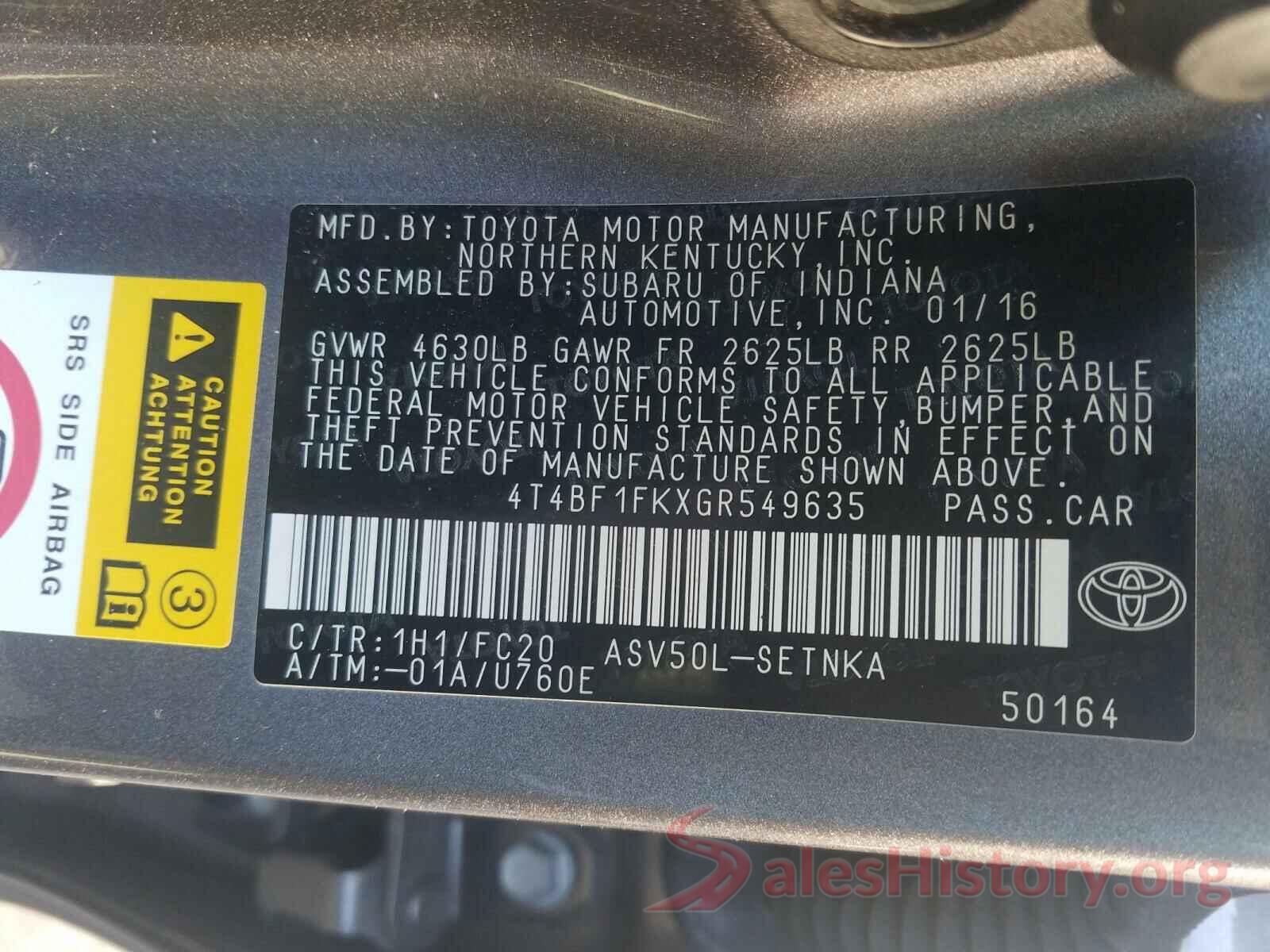 4T4BF1FKXGR549635 2016 TOYOTA CAMRY